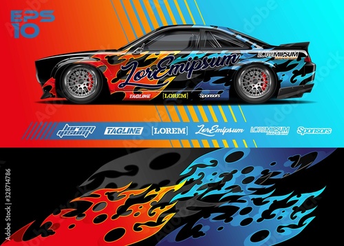 Race car graphic livery design. Abstract sport racing background for wrap race car, rally, drift car, cargo van, pickup truck and adventure vehicle. Full vector Eps 10.
