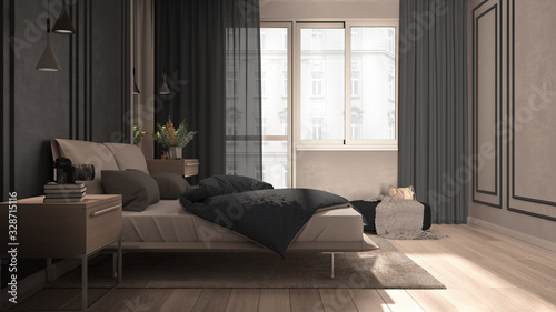 Minimal classic bedroom in gray tones with panoramic window, double bed with duvet and pillows, side tables with lamps, carpet. Parquet and stucco walls, luxury interior design idea