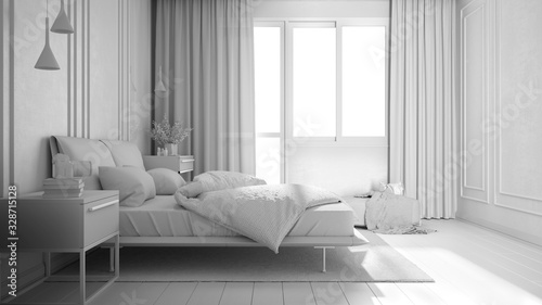 Total white project draft  minimal classic bedroom with window  double bed with duvet and pillows  side tables and carpet. Parquet and stucco walls  luxury interior design idea