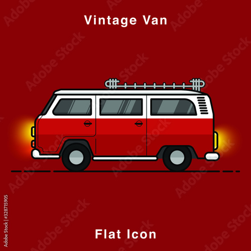 Old style two colors minivan. Front view of red retro hippie bus. Line style vector illustration. Vehicle and transport banner. Retro style old car from 60s or 70s. Vintage Classic Van flat icon.