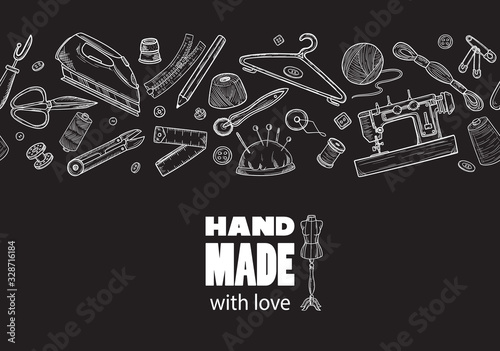 Tailor or dressmaker work and fashion designer atelier sketch items. Vector sewing illustration in retro vintage style on blackboard.
