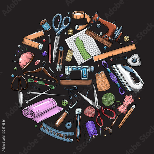 Tailor or dressmaker work and fashion designer atelier sketch items. Vector sewing illustration in retro vintage style on blackboard.