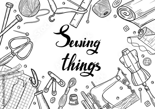 Tailor or dressmaker work and fashion designer atelier sketch items. Vector sewing illustration in retro vintage style