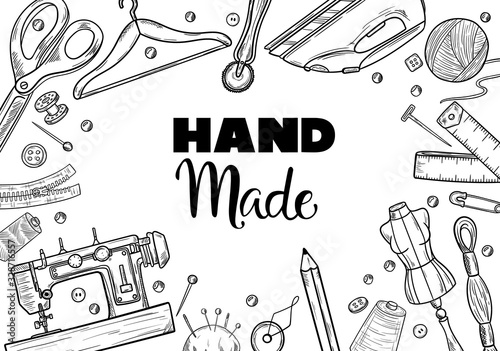 Tailor or dressmaker work and fashion designer atelier sketch items. Vector sewing illustration in retro vintage style
