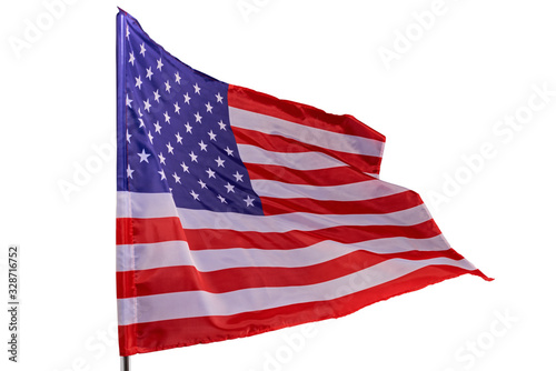 American flag flying in the wind, isolated on a white background.