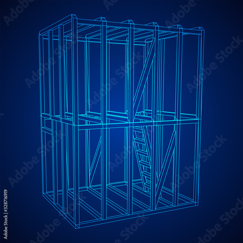 Abstract architecture building. Plan of modern framing house. Wireframe low poly mesh construction.