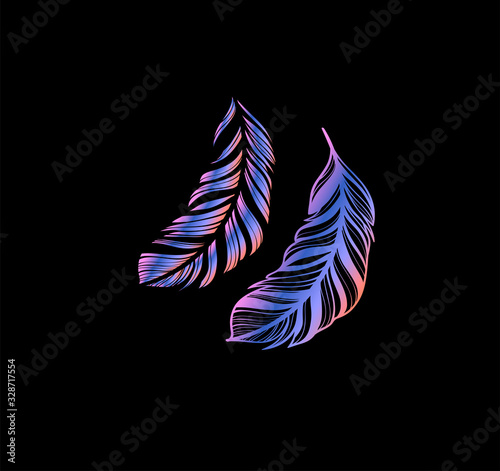 Two neon prin feathers on a black background