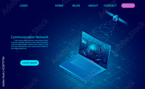 Communication network with satellite wireless with wireless devices and computer. vector illustration