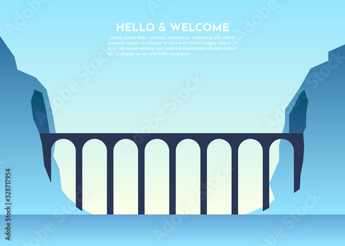 Fototapeta Naklejka Na Ścianę i Meble -  Transport bridge over river, sea, lake, ocean, tunnel in mountains. Abstract image of a sunset or dawn sun over the mountains at the background and river or lake at the foreground. Mountain landscape.