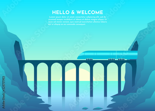 Transport bridge over river, sea, lake, ocean, tunnel in mountains. Abstract image of a sunset or dawn sun over the mountains at the background and river or lake at the foreground. Mountain landscape.