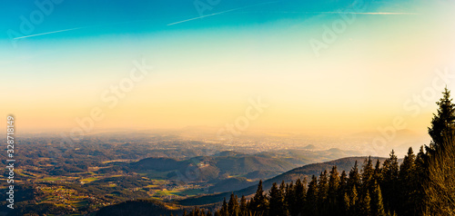 View from a peak of rocky Austrian mountain Schockl in Styria Graz