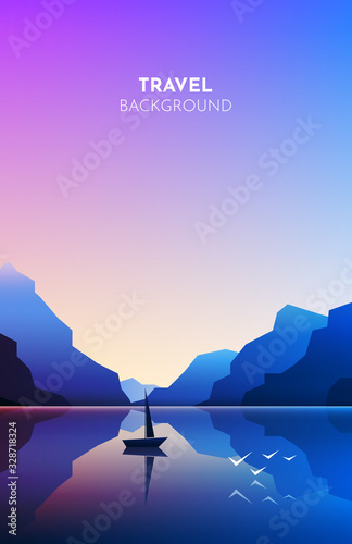 Minimalist landscape. Mountains near the water. Vector image of mountains on background of lakes, sea, ocean. Reflection in water. Boat with sail. Abstract illustration for travel, adventure, climbing