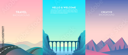 Vector landscapes in a minimalist style. Set of 3 backgrounds. Road over the mountains, lake, sunset, night, bridge, tunnel in the rock over the river. Website template. UI design