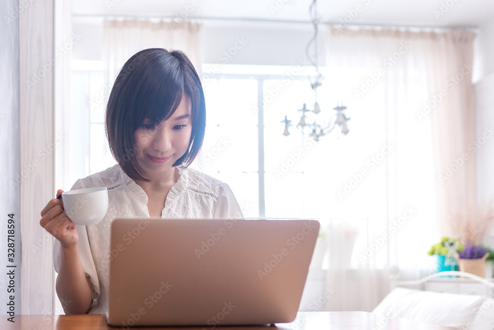 Beautiful Asian girl with laptop in cafe, education or technology or startup business concept, modern office or living room with copy space Beautiful Asian girl with laptop in cafe, education or technology or startup business concept, modern office or living room with copy space