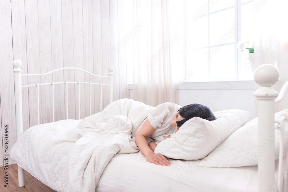 Portrait of beautiful asian young woman sleep lying in bed with head on pillow comfortable and happy with leisure, girl with relax for health and lifestyle concept. Portrait of beautiful asian young woman sleep lying in bed with head on pillow comfortable and happy with leisure, girl with relax for health and lifestyle concept.