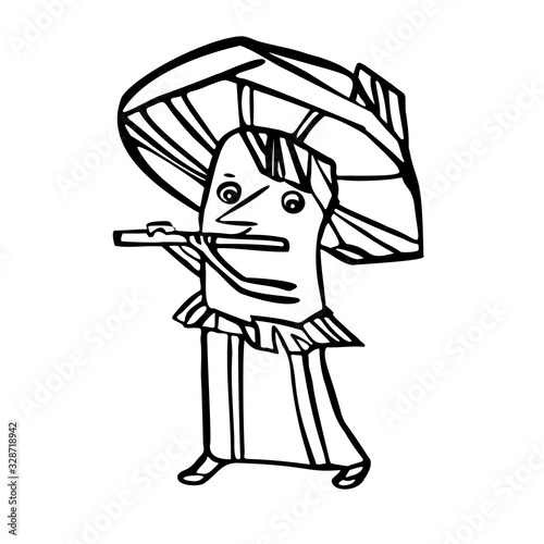 The mushroom plays the flute. Vector illustration in line art style. On white background. Hand drawn.
