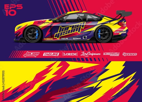 Race car graphic livery design. Abstract sport racing background for wrap race car, rally, drift car, cargo van, pickup truck and adventure vehicle. Full vector Eps 10.
