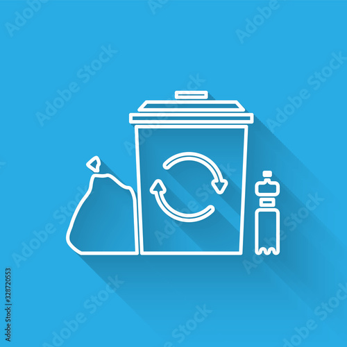 White line Recycle bin with recycle symbol icon isolated with long shadow. Trash can icon. Garbage bin sign. Recycle basket. Vector Illustration