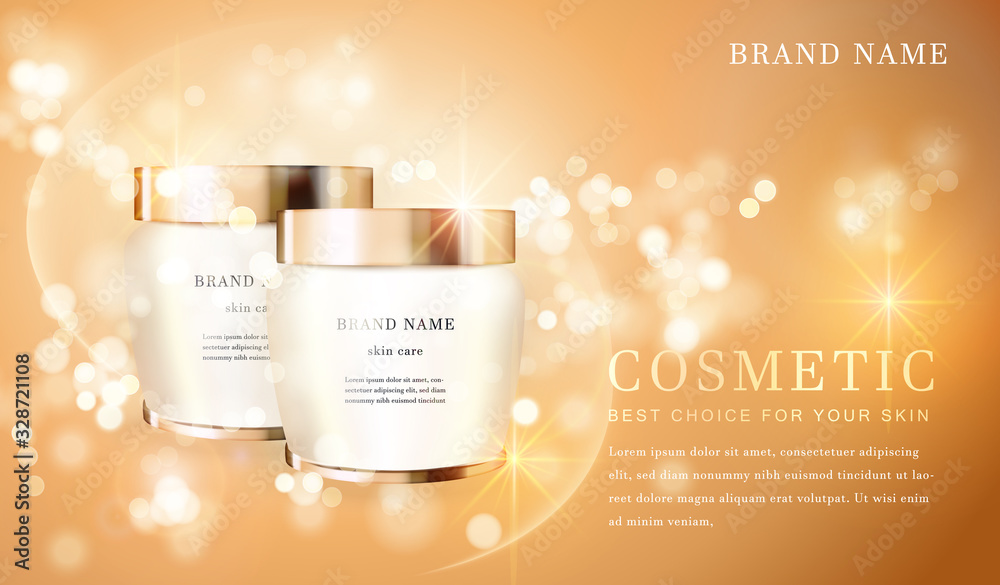 3D transparent cosmetic bottle container with shiny golden glimmering background template banner. 3D transparent cosmetic bottle container with shiny golden glimmering background template banner.