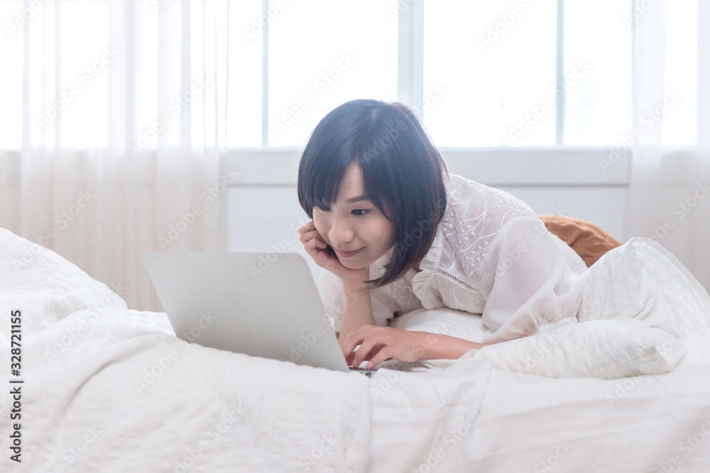 Portrait of beautiful asian young woman sleep lying in bed with head on pillow comfortable and happy with leisure, girl with relax for health and lifestyle concept. Portrait of beautiful asian young woman sleep lying in bed with head on pillow comfortable and happy with leisure, girl with relax for health and lifestyle concept.