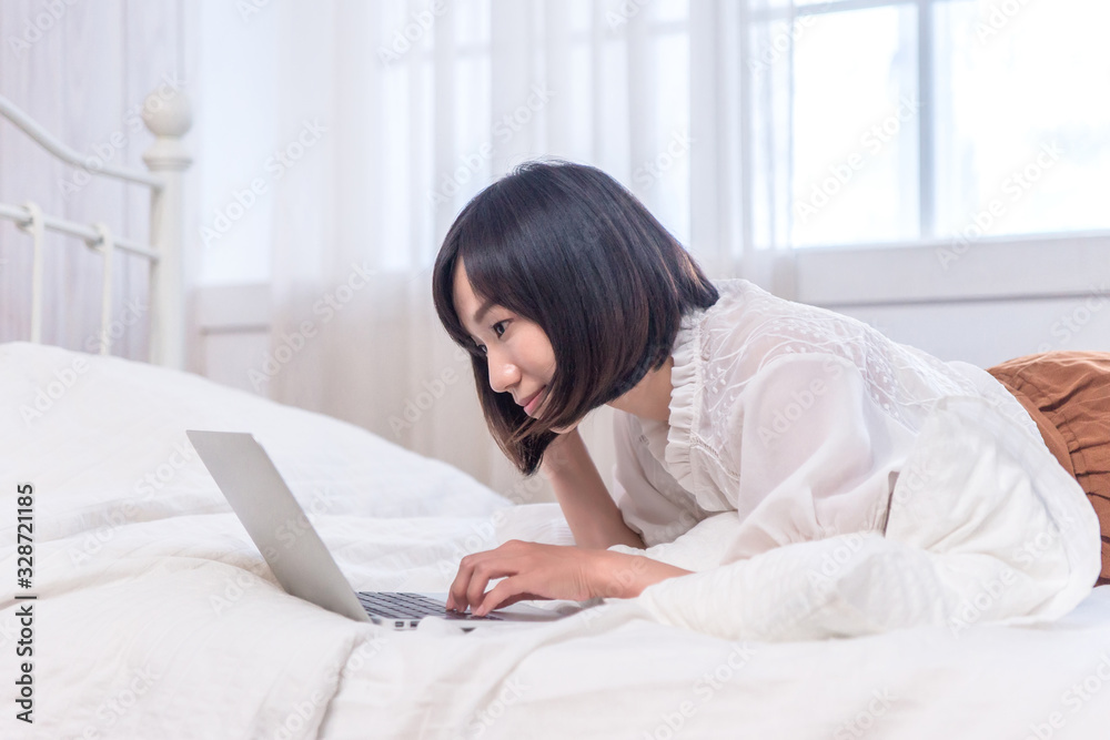 Portrait of beautiful asian young woman sleep lying in bed with head on pillow comfortable and happy with leisure, girl with relax for health and lifestyle concept. Portrait of beautiful asian young woman sleep lying in bed with head on pillow comfortable and happy with leisure, girl with relax for health and lifestyle concept.