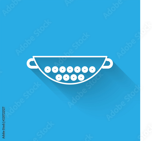 White line Kitchen colander icon isolated with long shadow. Cooking utensil. Cutlery sign. Vector Illustration