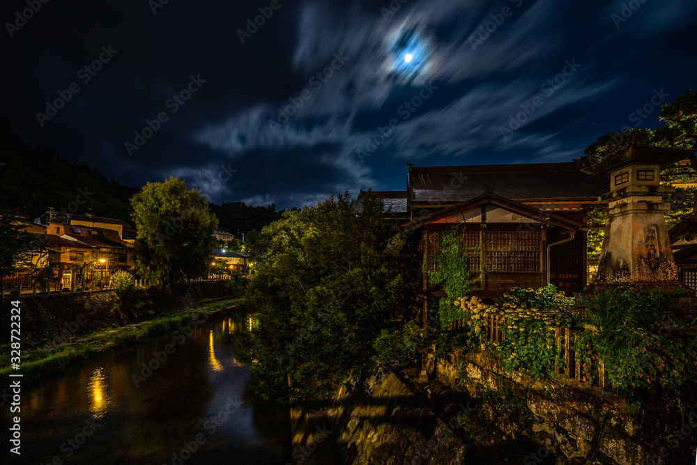 Night view of Takayama seen from Nakabashi Bridge, Gifu prefecture, Japan