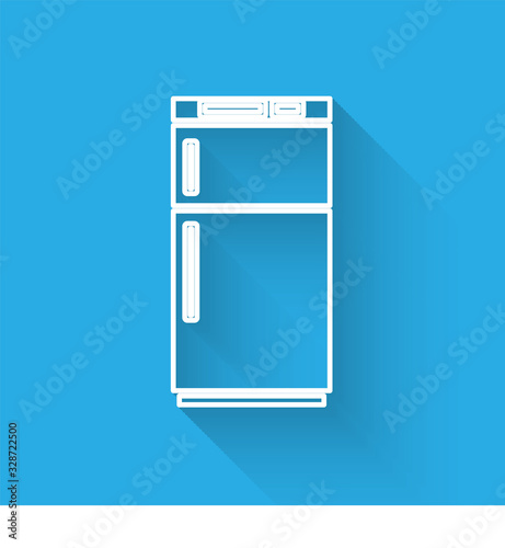 White line Refrigerator icon isolated with long shadow. Fridge freezer refrigerator. Household tech and appliances. Vector Illustration