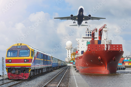 container trains commercial cargo Aircraft import export working crane ship on port use for logistic and transportation delivery.