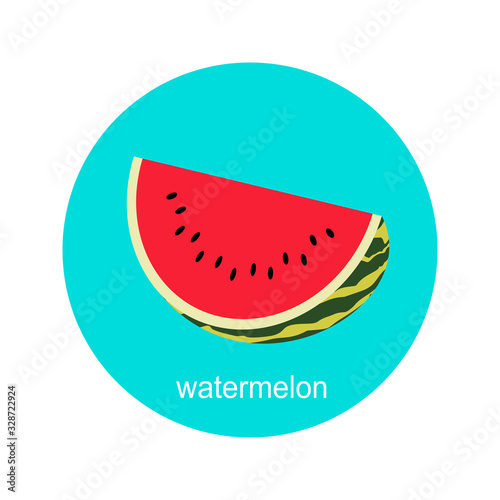 Vector slice watermelon icon isolated on white background.  Flat blue circle icon with fruit. Healthy food. 