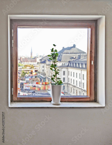 Vase and window. View through window on Railway station, Stockholm, Sweden. Trendy toning photo