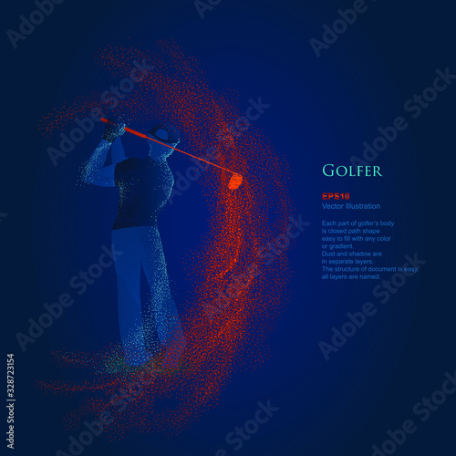 Vector eps 10 illustration one man golfer golfing golf swing taking a shot glowing silhouette, fire sparks from club