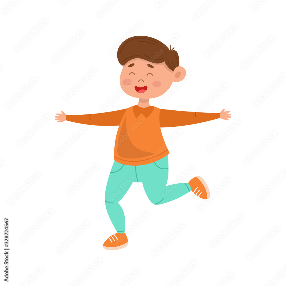 Happy cute boy. A cheerful child joyfully jumps, dances funny. Colorful simple flat cartoon style. Isolated vector illustration. Happy cute boy. A cheerful child joyfully jumps, dances funny. Colorful simple flat cartoon style. Isolated vector illustration.