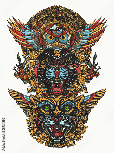 Ancient totem. Panther, tiger, owl and mayan sun. Mexican mesoamerican monolith. Mayan and Aztec style. Wild animals art. Tattoo and t-shirt design