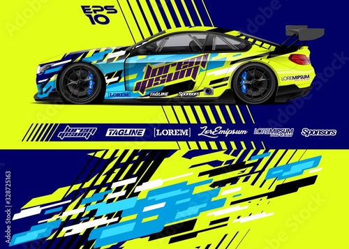 Race car graphic livery design. Abstract sport racing background for wrap race car, rally, drift car, cargo van, pickup truck and adventure vehicle. Full vector Eps 10.