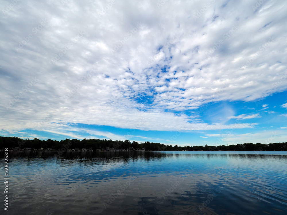 Lake with blue skies and clouds reflected