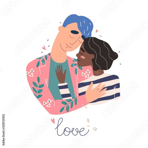 Lovers man and black african american woman hug. Happy multiracial family concept.