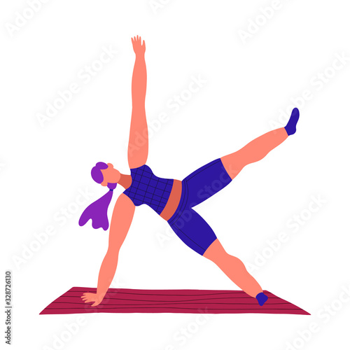 Young woman doing yoga pose on a rug. Fitness sport concept. Cartoon simple flat style. Vector illustration isolated.