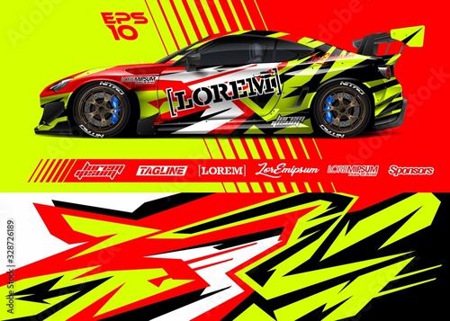 Race car graphic livery design. Abstract sport racing background for wrap race car, rally, drift car, cargo van, pickup truck and adventure vehicle. Full vector Eps 10.
