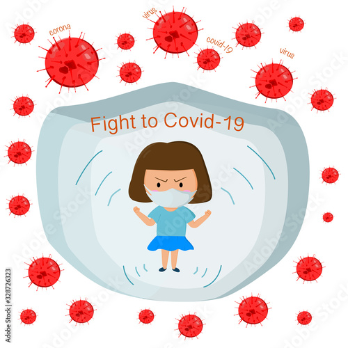 Illustration vector Girl wear surgical mask for protect covid-19 virus ,virus and air pollution . kid on blue background with mask .