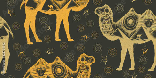 Camel double exposure. Ancient Egypt, Pharaoh, Ankh, Pyramid. Seamless pattern. Packing old paper, scrapbooking style. Vintage background. Medieval manuscript, engraving art