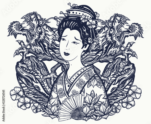 Dragons and asian woman, fan, lantern. Ancient China and Japan. History and culture of Asia. Oriental art. Traditional yakuza tattoo and t-shirt design