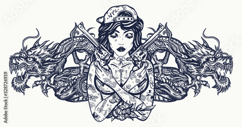 Bad girl and dragons. Chicano art. Criminal asian styleculture. Favela art. Swag. Hip-hop and rap lifestyle. Cool gangster tattooed woman in baseball cap