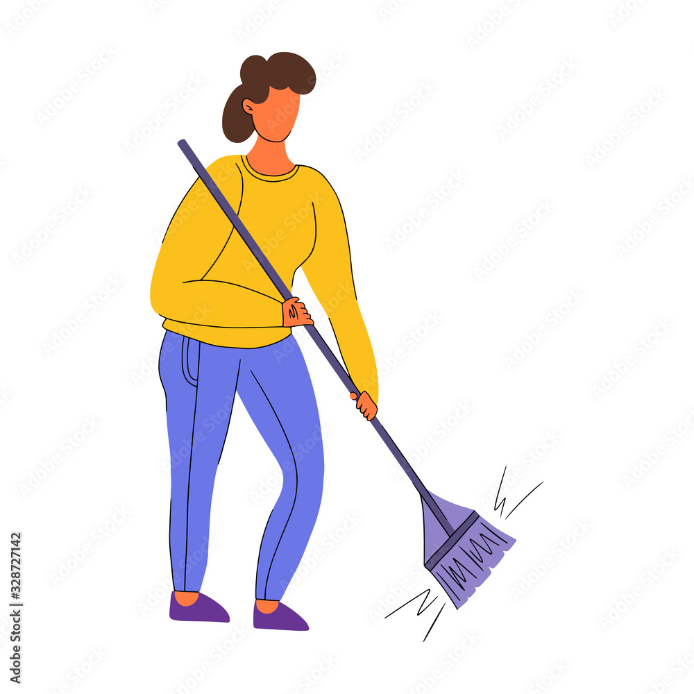 Young woman sweeping a broom. Concept of cleaning the room from garbage. Cartoon simple flat