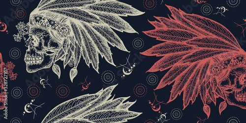 Indian skull. Seamless pattern. Packing old paper, scrapbooking style. Vintage background. Medieval manuscript, engraving art. Warrior symbol