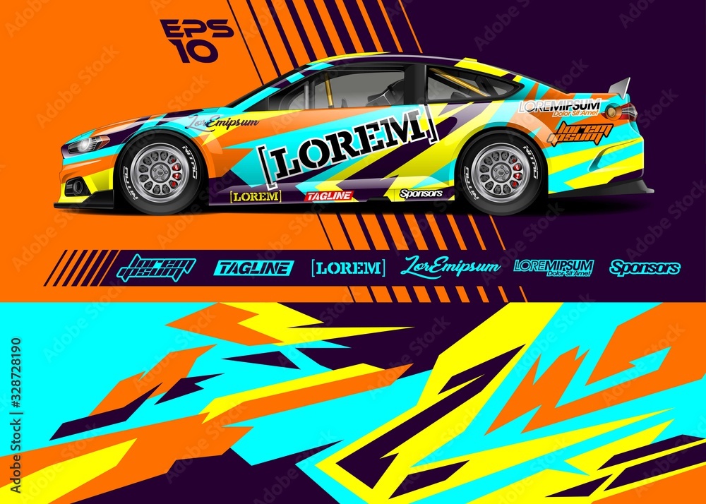 Race car graphic livery design. Abstract sport racing background for wrap race car, rally, drift car, cargo van, pickup truck and adventure vehicle. Full vector Eps 10. Race car graphic livery design. Abstract sport racing background for wrap race car, rally, drift car, cargo van, pickup truck and adventure vehicle. Full vector Eps 10.