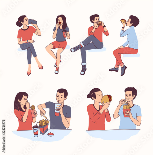 Young people eating fast food including pizza