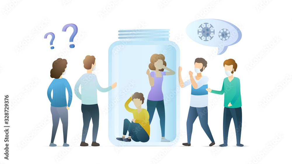 People in quarantine. Coronavirus identification on young family. Cartoon people infected with virus. People are panic because of the virus. Epidemic MERS-CoV virus 2019-nCoV. Vector flat illustration People in quarantine. Coronavirus identification on young family. Cartoon people infected with virus. People are panic because of the virus. Epidemic MERS-CoV virus 2019-nCoV. Vector flat illustration