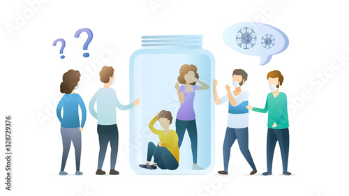 People in quarantine. Coronavirus identification on young family. Cartoon people infected with virus. People are panic because of the virus. Epidemic MERS-CoV virus 2019-nCoV. Vector flat illustration