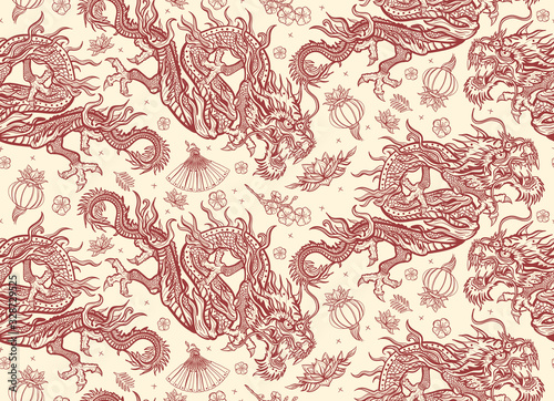 Asian dragons seamless pattern. Ancient China and Japan. history and culture. Flying snakes, pink fan, red lantern and lotus flowers. Japanese travel background. Oriental art